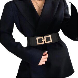 Wide Elastic Belt for Women Dress Waist Cotton Faux Leather Gold Buckle
